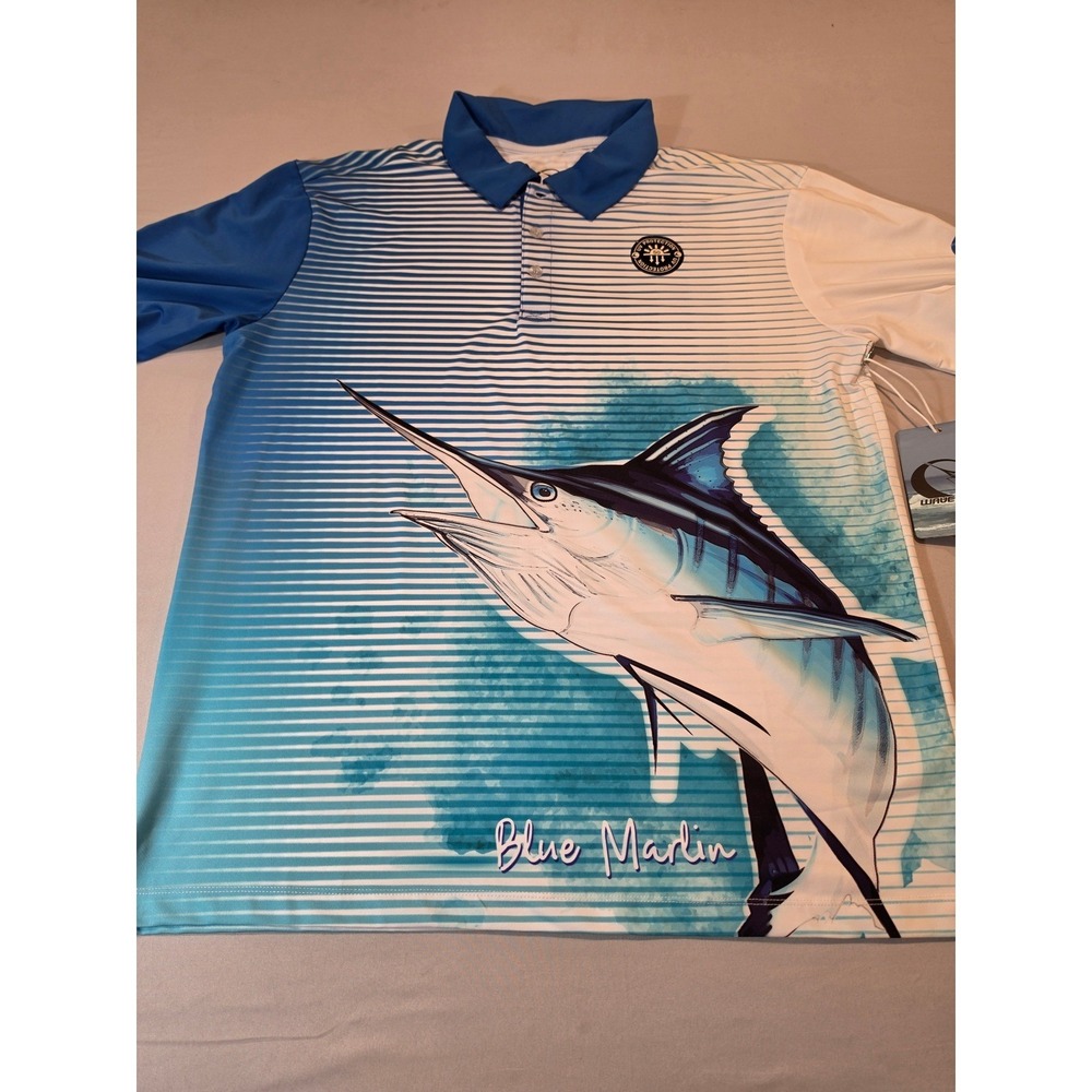 Wave Life Mens Blue Marlin Performance Polo Shirt UPF 50+ Stripe Blue White L